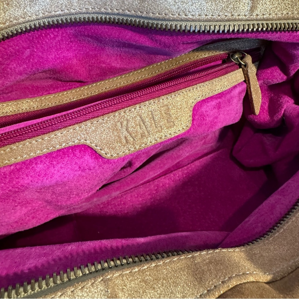 Kale Brown / Gold Metallic Suede Satchel Bag with Pink Suede Interior - Picture 3 of 15